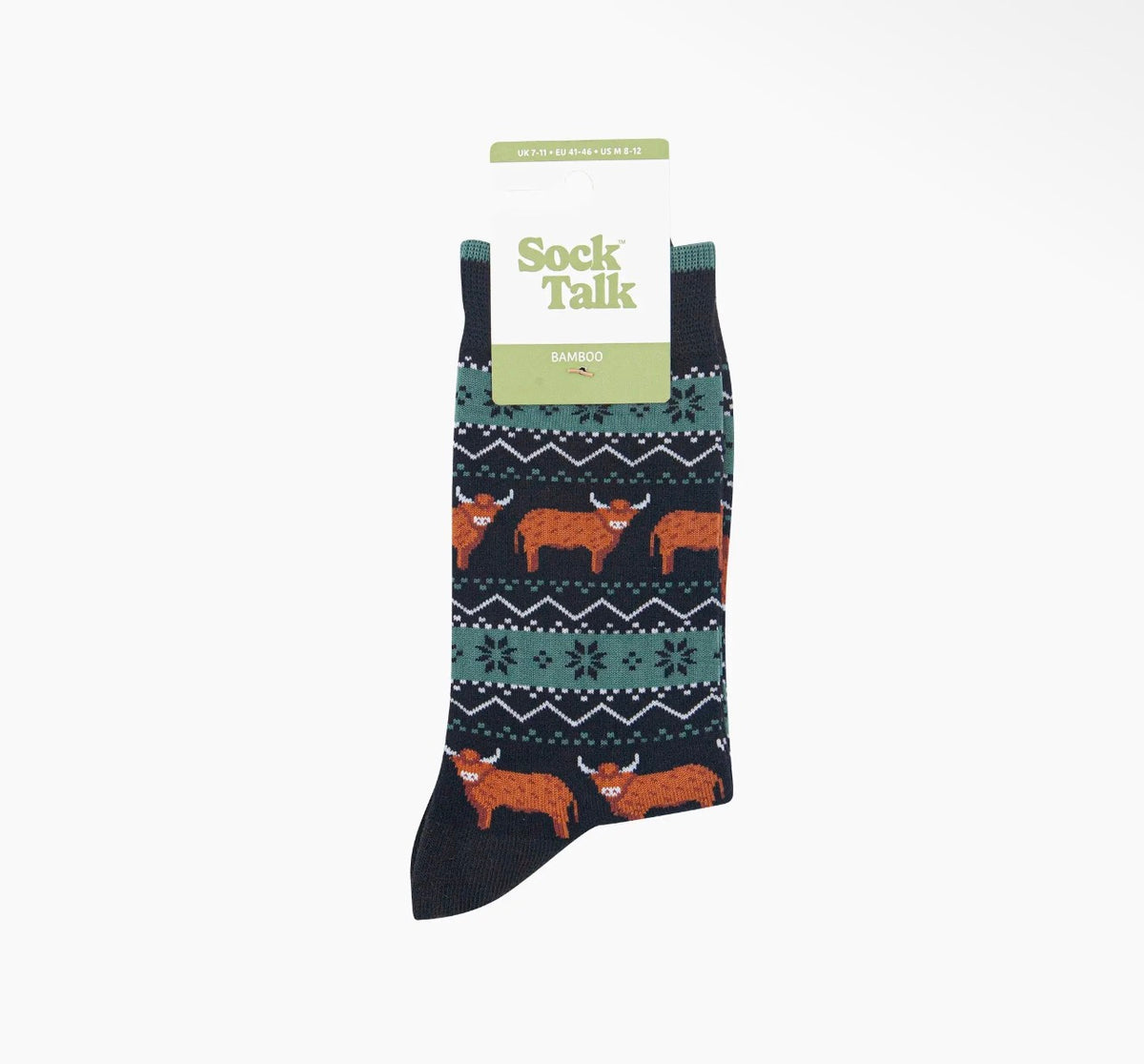 Men's Highland Cow Fair Isle Bamboo Socks – Black & Green, UK 7–11
