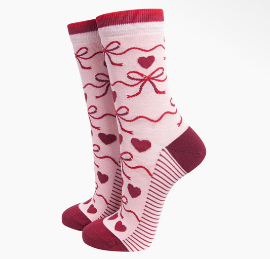 Women's Pink Bow & Heart Bamboo Socks – UK 3–7