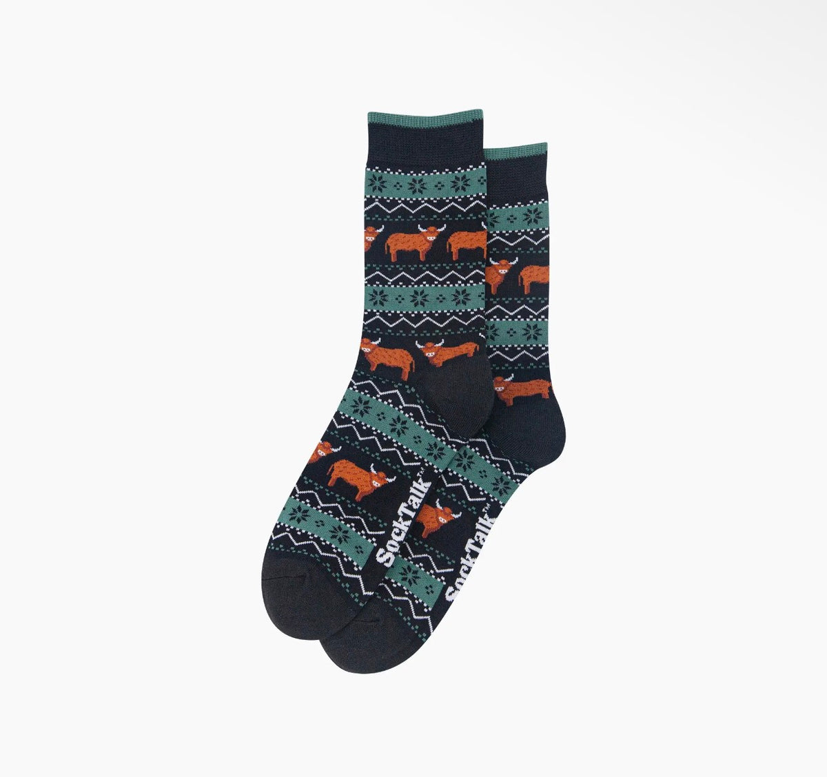 Men's Highland Cow Fair Isle Bamboo Socks – Black & Green, UK 7–11