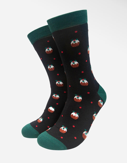 Men's Christmas Pudding Bamboo Socks – Black & Green, UK 7–11