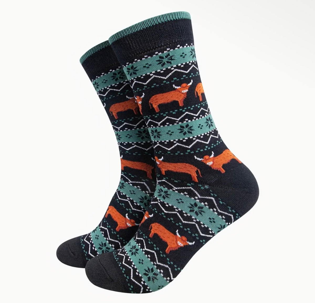 Men's Highland Cow Fair Isle Bamboo Socks – Black & Green, UK 7–11