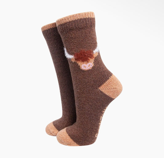 Mens Fluffy Highland Cow Wool Blend Socks – Brown