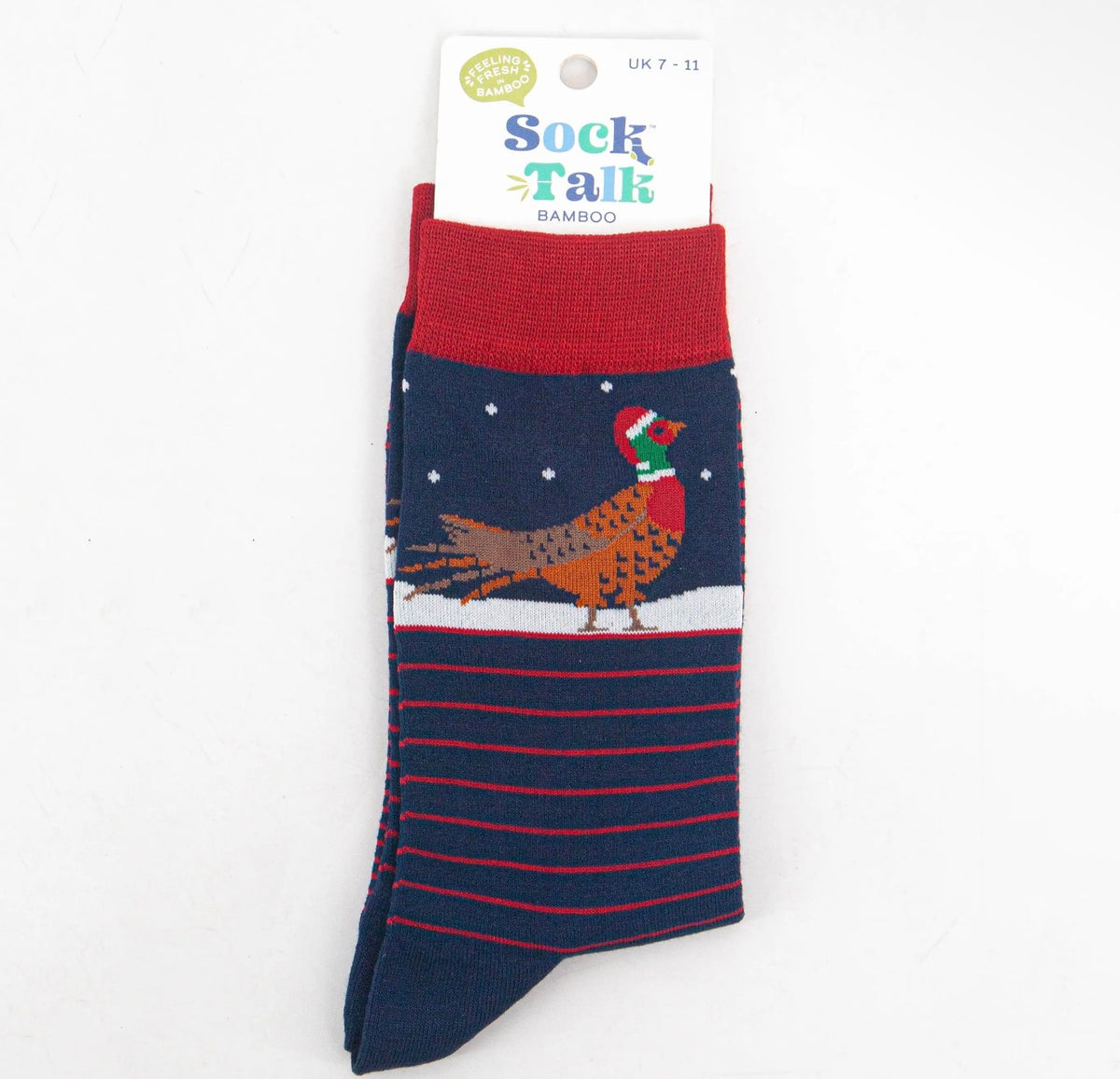 Men's Christmas Pheasant Bamboo Socks – Navy & Red Stripe, UK 7–11